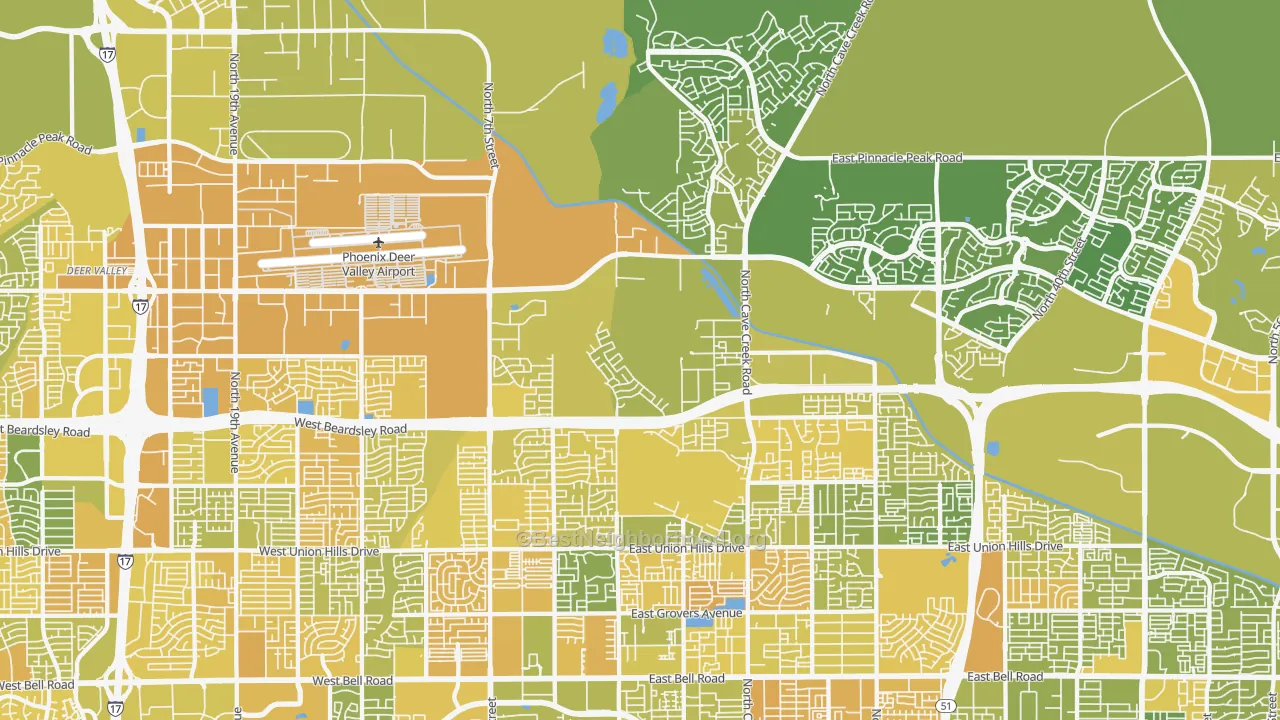 Map of the best neighborhoods in the 85024 area, with better matches in green and worse matches in red