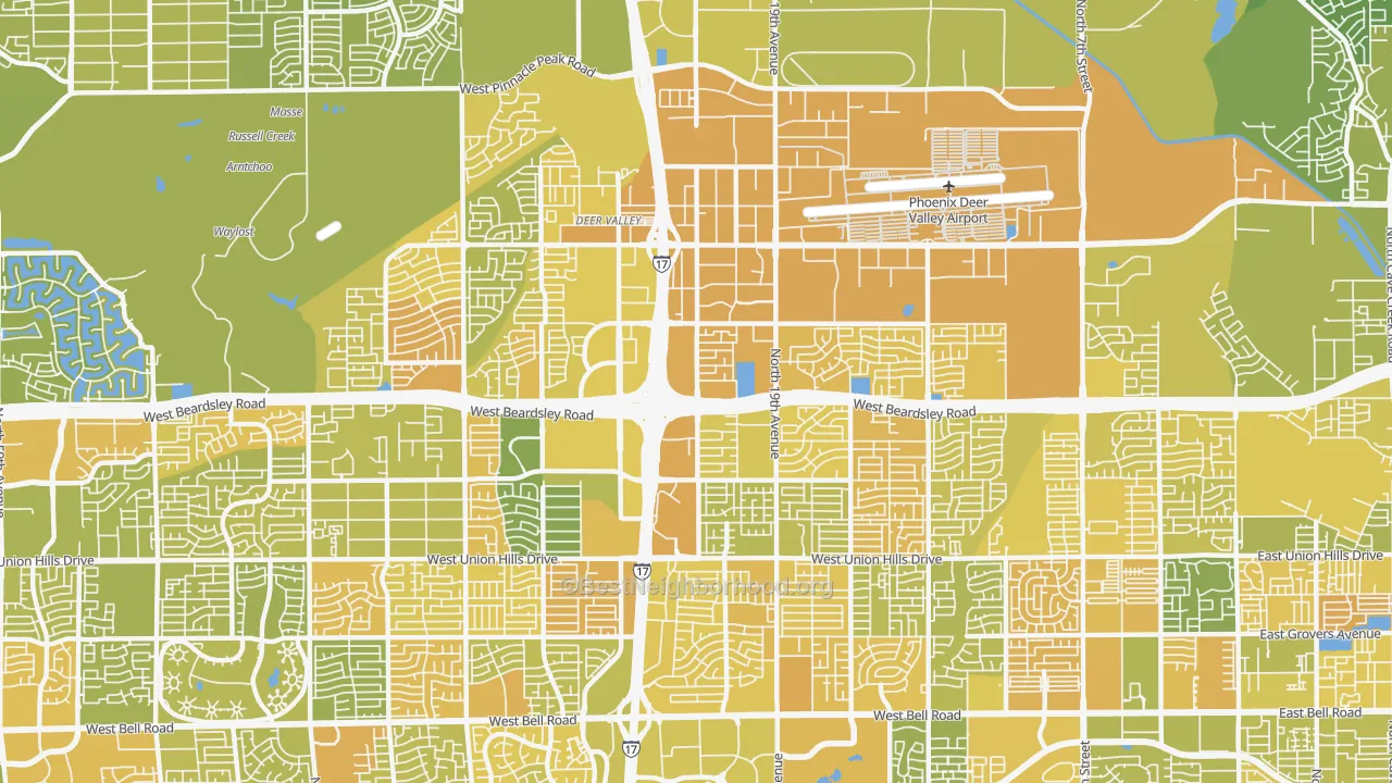 Map of the best neighborhoods in the 85027 area, with better matches in green and worse matches in red