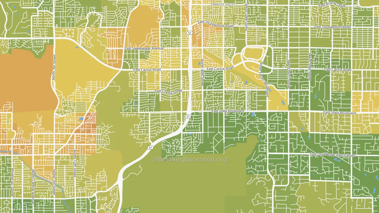 Map of the best neighborhoods in the 85028 area, with better matches in green and worse matches in red