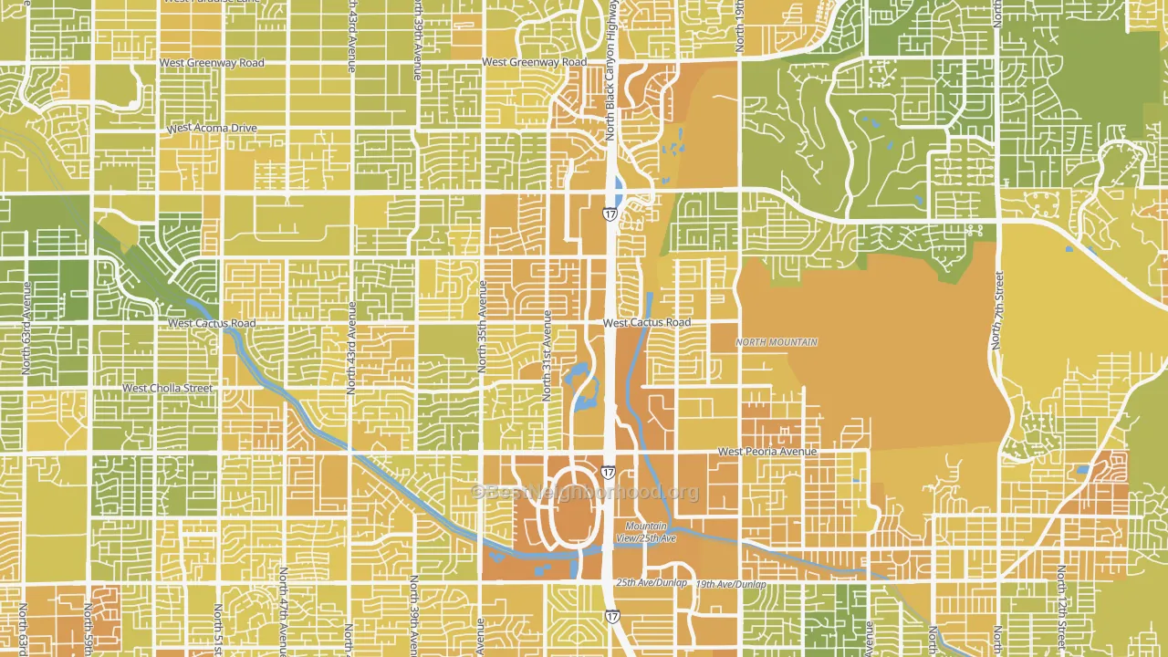 Map of the best neighborhoods in the 85029 area, with better matches in green and worse matches in red
