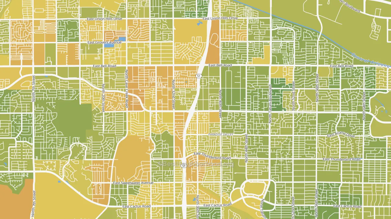 Map of the best neighborhoods in the 85032 area, with better matches in green and worse matches in red