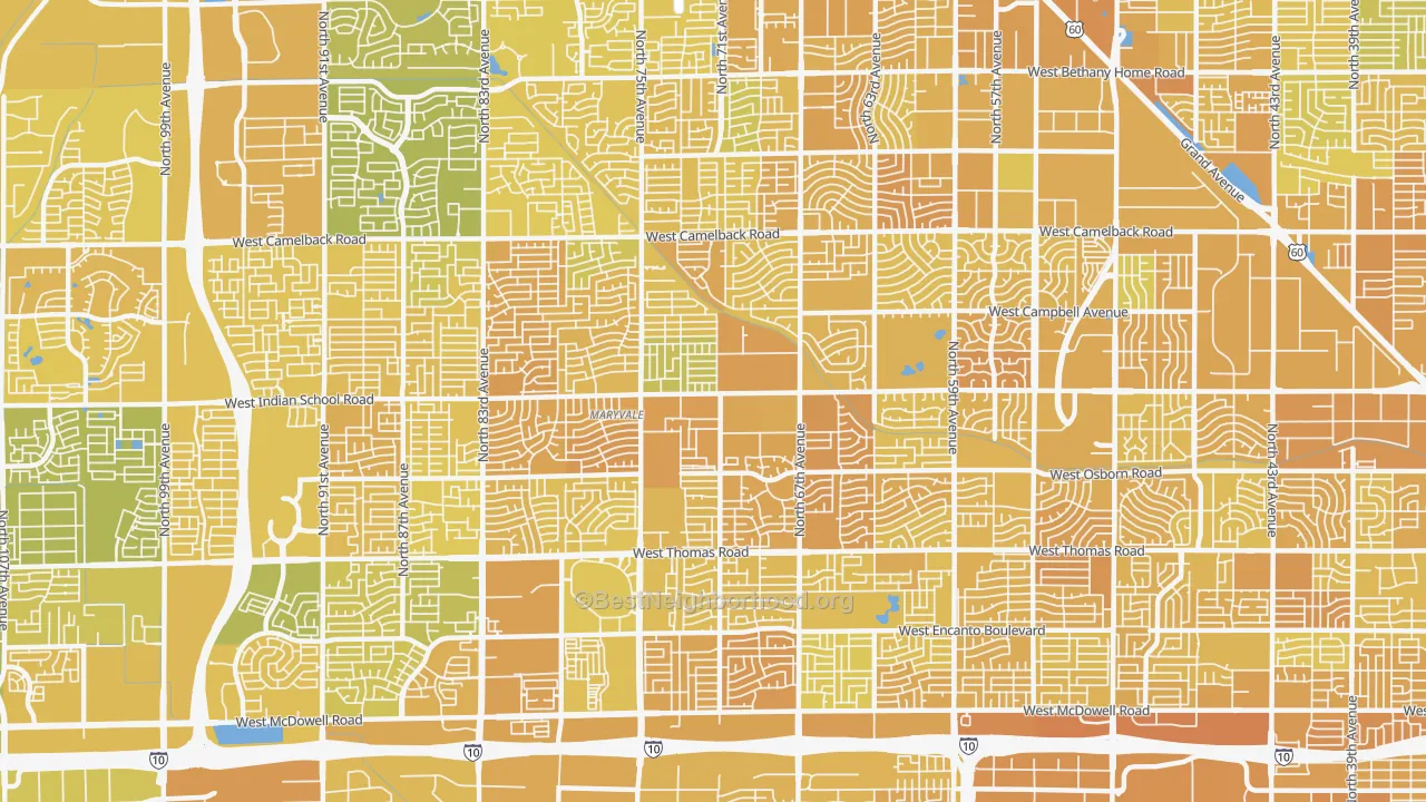 Map of the best neighborhoods in the 85033 area, with better matches in green and worse matches in red