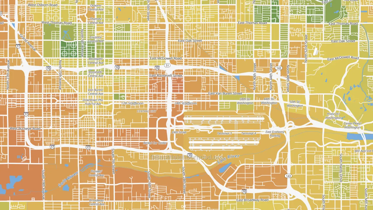 Map of the best neighborhoods in the 85034 area, with better matches in green and worse matches in red