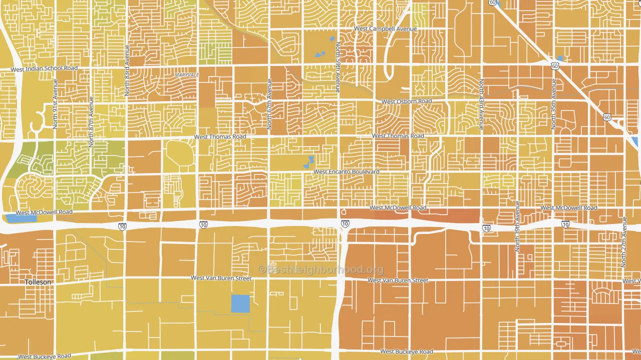 Map of the best neighborhoods in the 85035 area, with better matches in green and worse matches in red