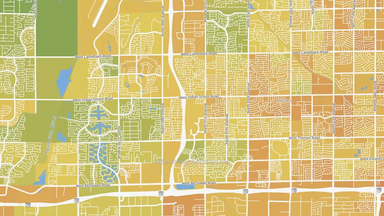 Map of the best neighborhoods in the 85037 area, with better matches in green and worse matches in red