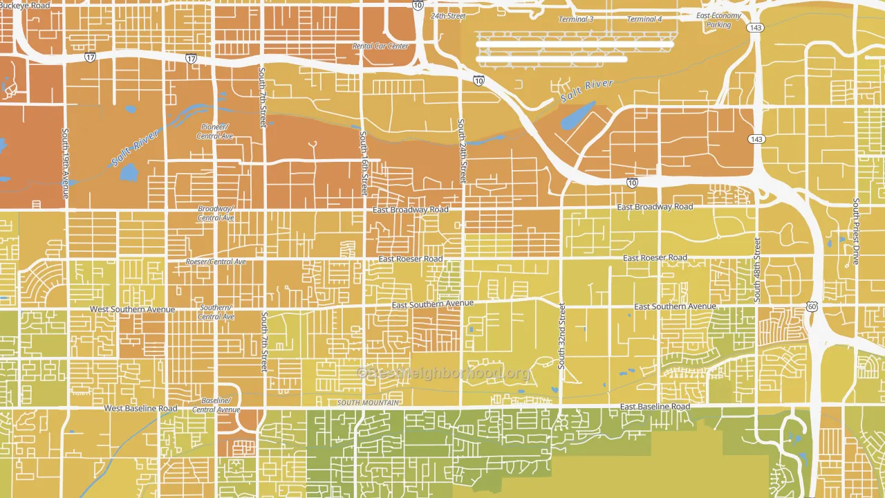 Map of the best neighborhoods in the 85040 area, with better matches in green and worse matches in red