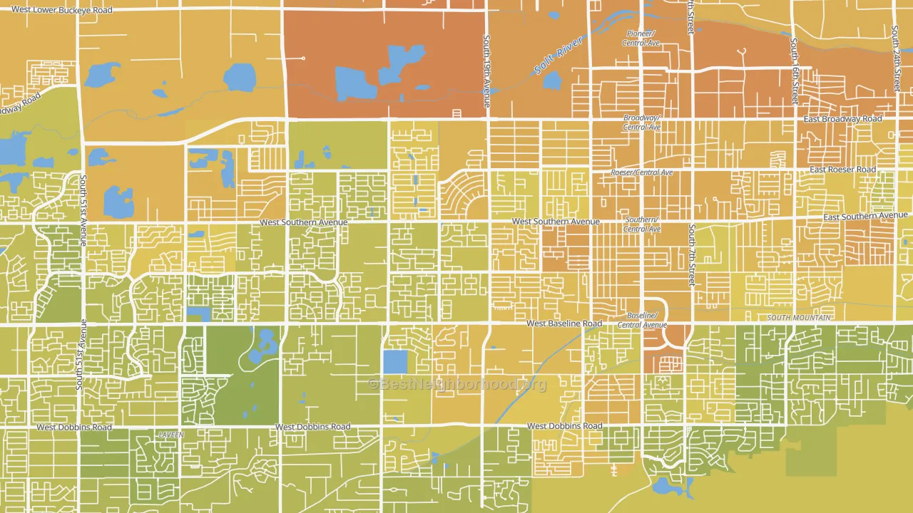 Map of the best neighborhoods in the 85041 area, with better matches in green and worse matches in red