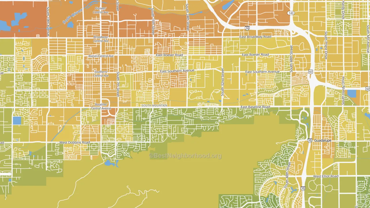 Map of the best neighborhoods in the 85042 area, with better matches in green and worse matches in red