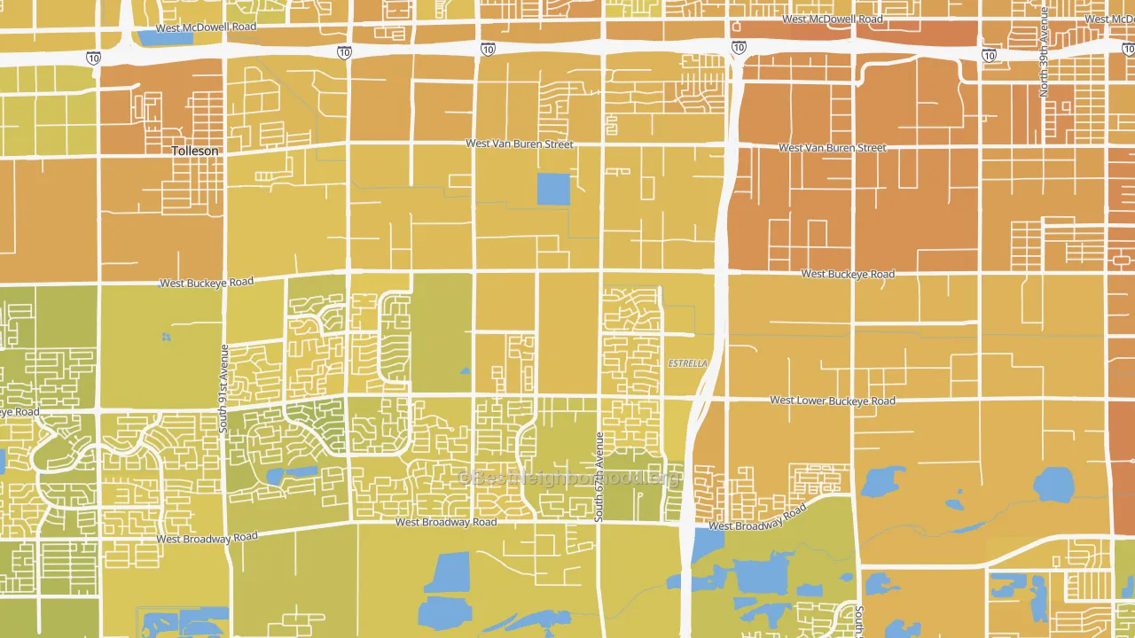 Map of the best neighborhoods in the 85043 area, with better matches in green and worse matches in red