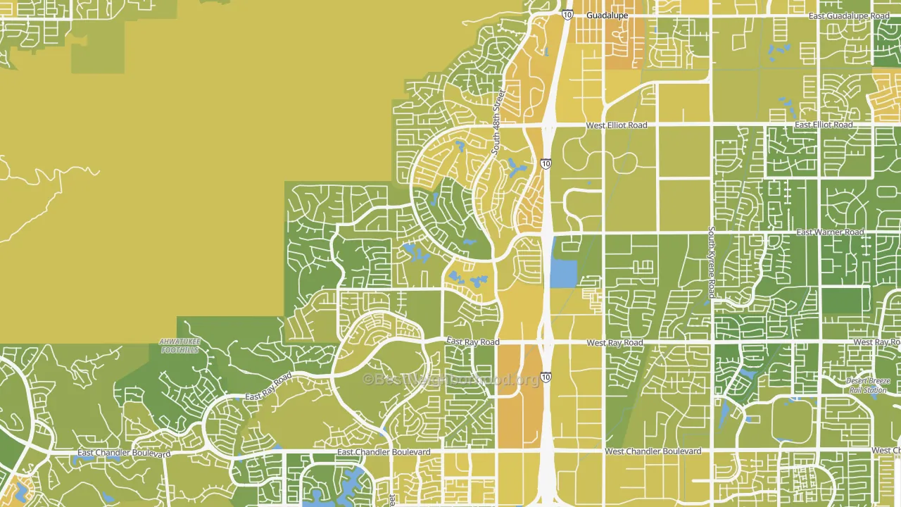 Map of the best neighborhoods in the 85044 area, with better matches in green and worse matches in red