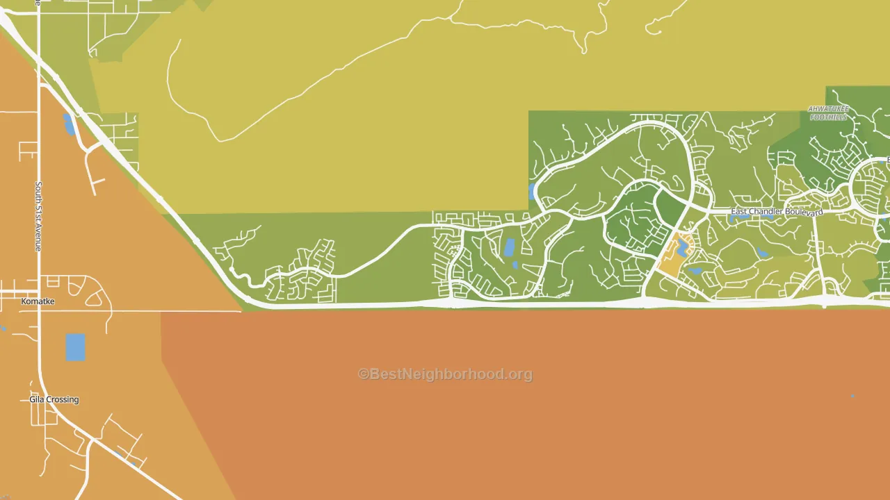 Map of the best neighborhoods in the 85045 area, with better matches in green and worse matches in red
