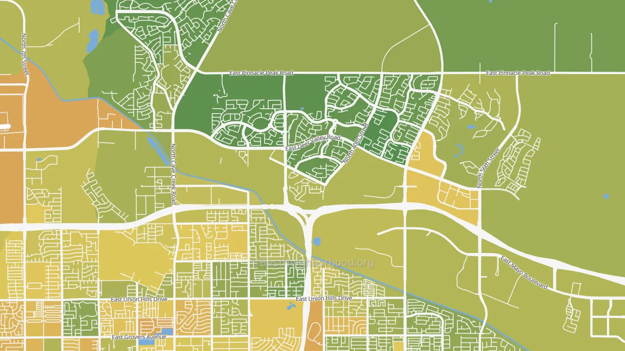 Map of the best neighborhoods in the 85050 area, with better matches in green and worse matches in red