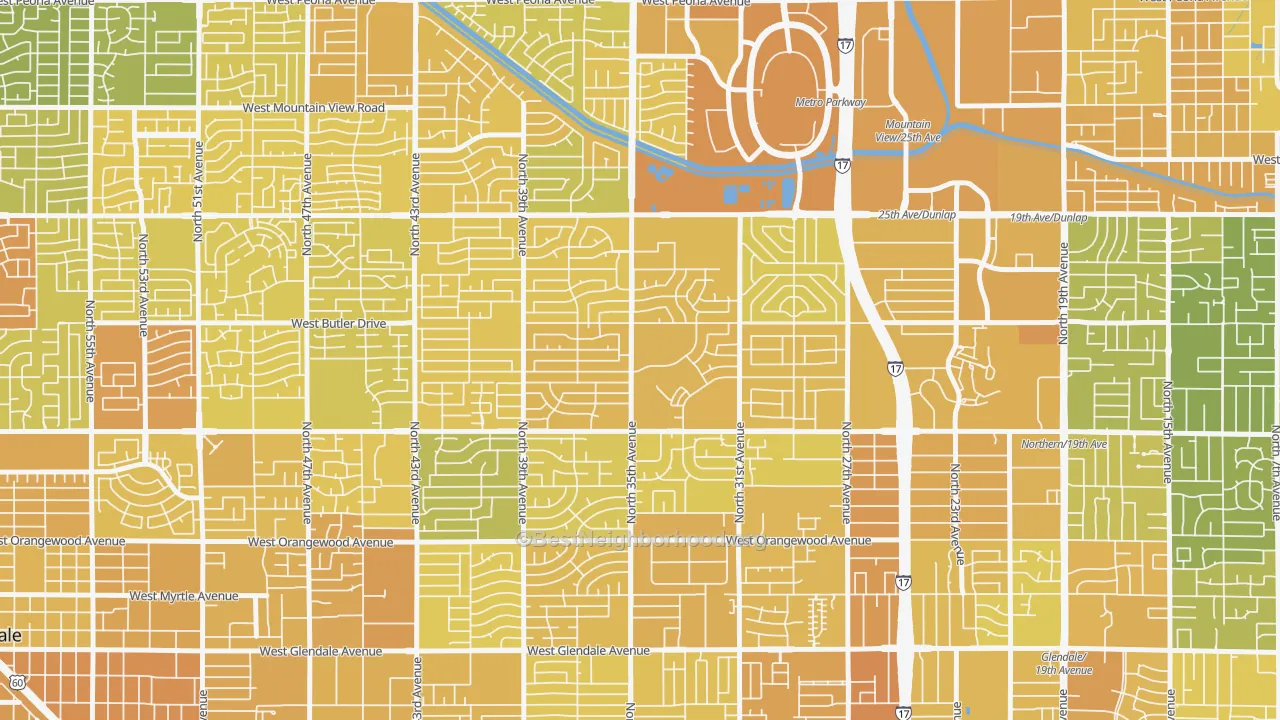 Map of the best neighborhoods in the 85051 area, with better matches in green and worse matches in red