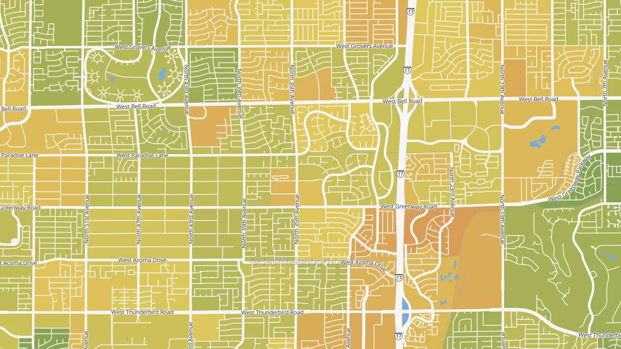 Map of the best neighborhoods in the 85053 area, with better matches in green and worse matches in red
