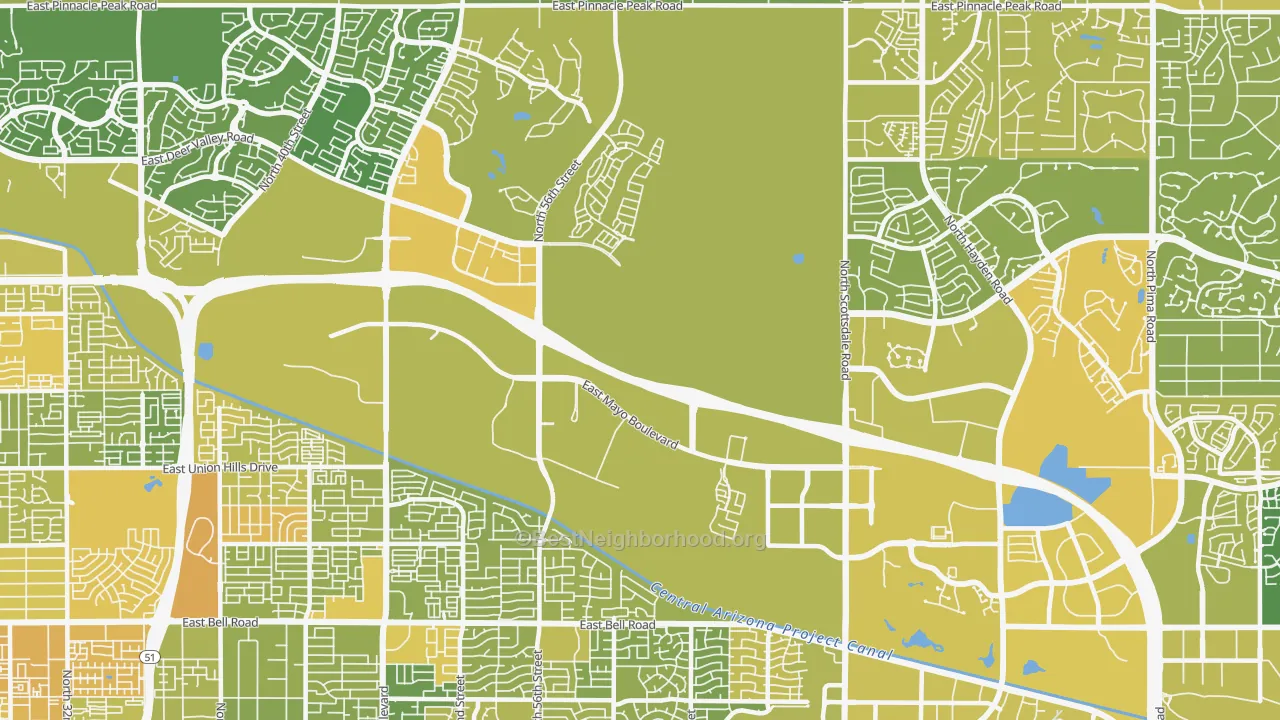 Map of the best neighborhoods in the 85054 area, with better matches in green and worse matches in red
