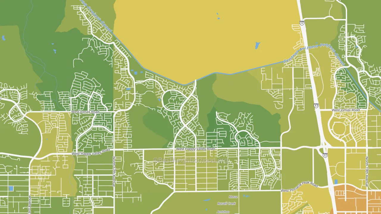 Map of the best neighborhoods in the 85083 area, with better matches in green and worse matches in red