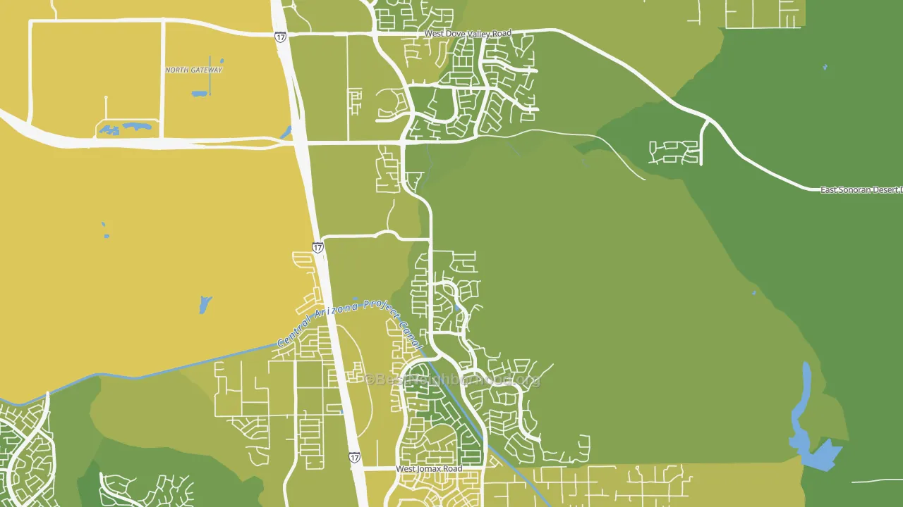 Map of the best neighborhoods in the 85085 area, with better matches in green and worse matches in red