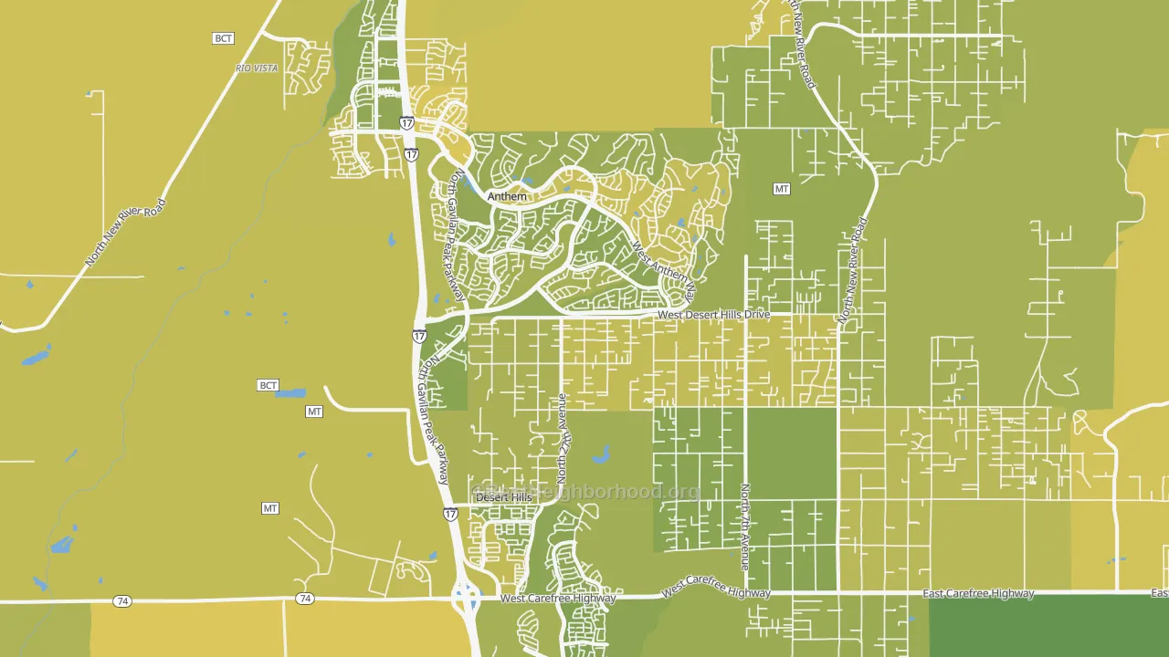 Map of the best neighborhoods in the 85086 area, with better matches in green and worse matches in red