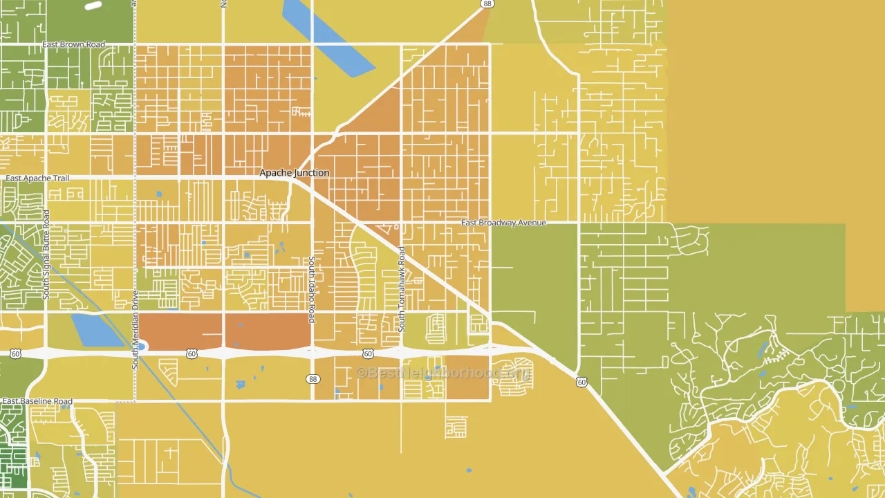 Map of the best neighborhoods in the 85119 area, with better matches in green and worse matches in red