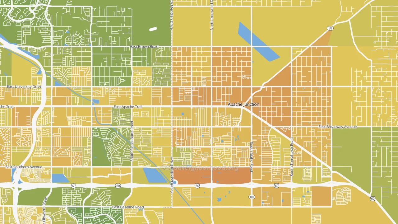 Map of the best neighborhoods in the 85120 area, with better matches in green and worse matches in red