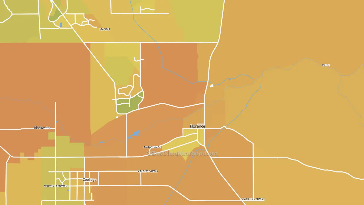 Map of the best neighborhoods in the 85132 area, with better matches in green and worse matches in red