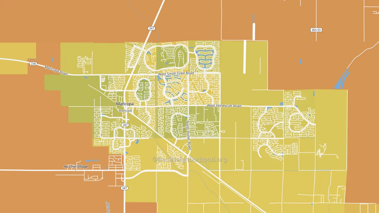 Map of the best neighborhoods in the 85138 area, with better matches in green and worse matches in red