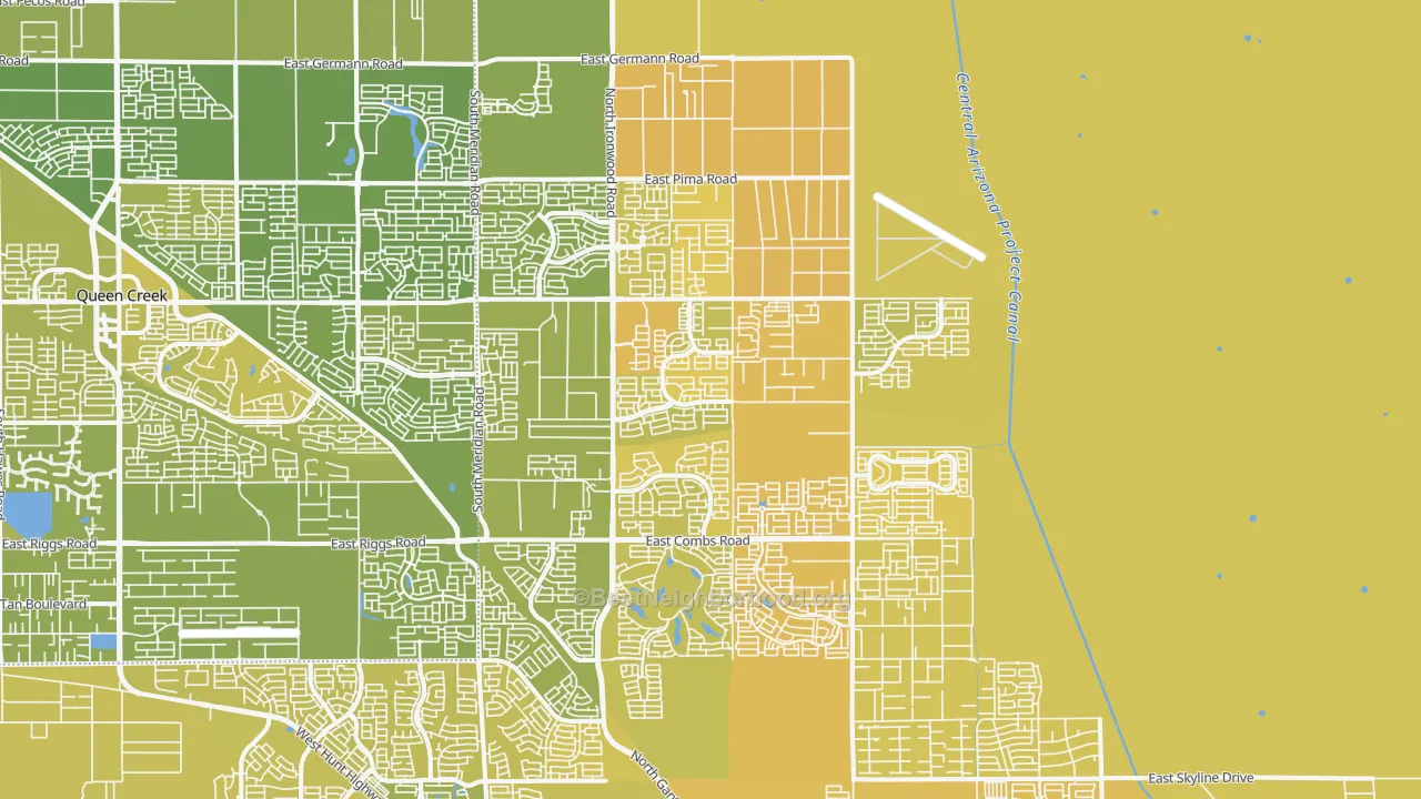 Map of the best neighborhoods in the 85140 area, with better matches in green and worse matches in red