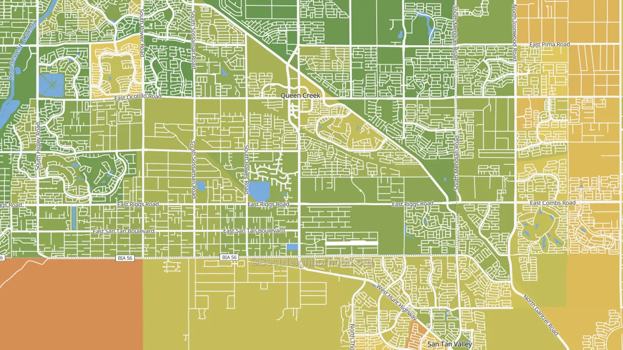 Map of the best neighborhoods in the 85142 area, with better matches in green and worse matches in red