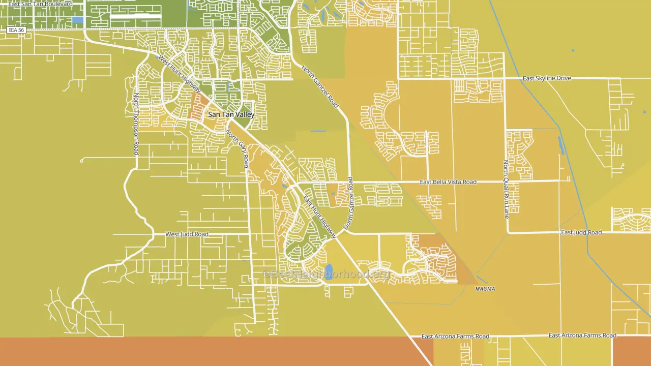 Map of the best neighborhoods in the 85143 area, with better matches in green and worse matches in red