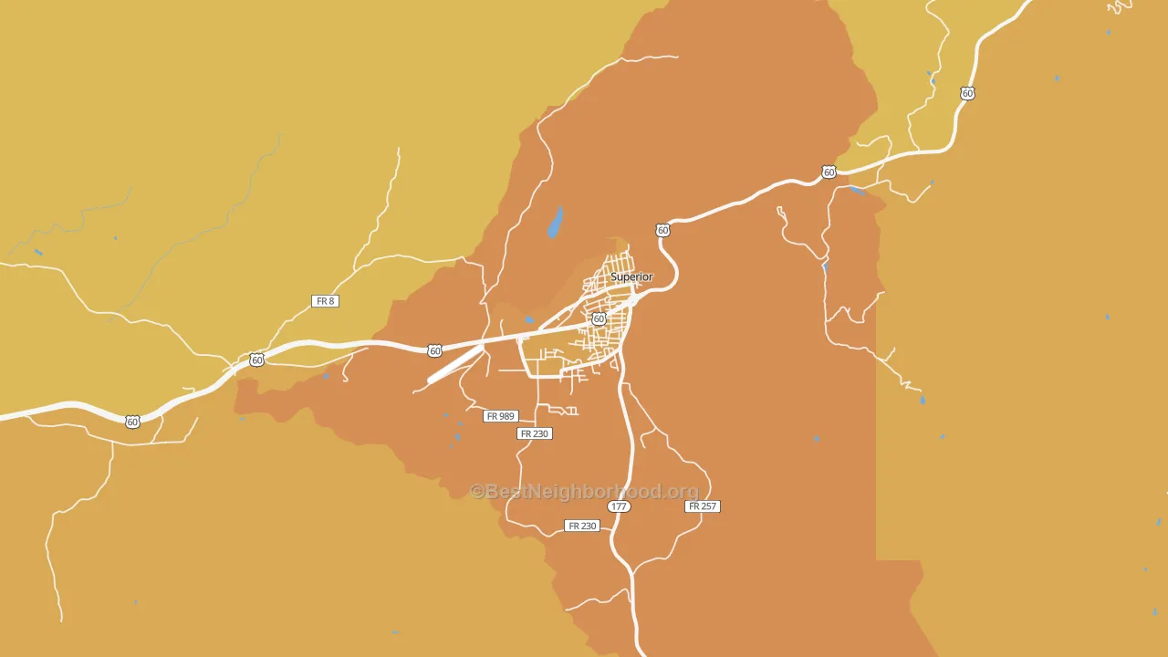 Map of the best neighborhoods in the 85173 area, with better matches in green and worse matches in red