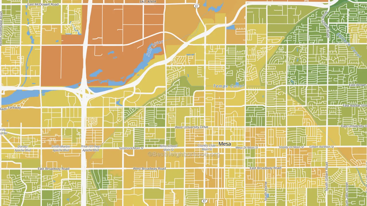 Map of the best neighborhoods in the 85201 area, with better matches in green and worse matches in red