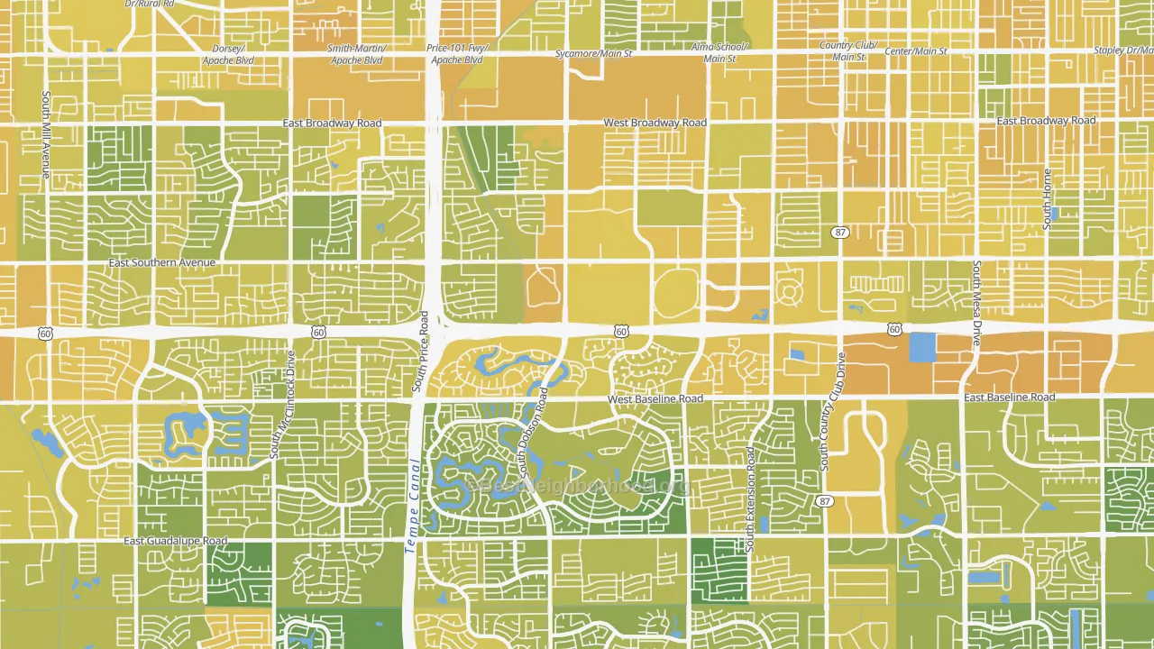 Map of the best neighborhoods in the 85202 area, with better matches in green and worse matches in red