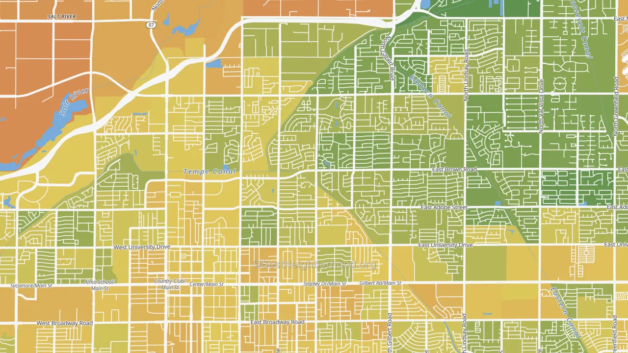 Map of the best neighborhoods in the 85203 area, with better matches in green and worse matches in red