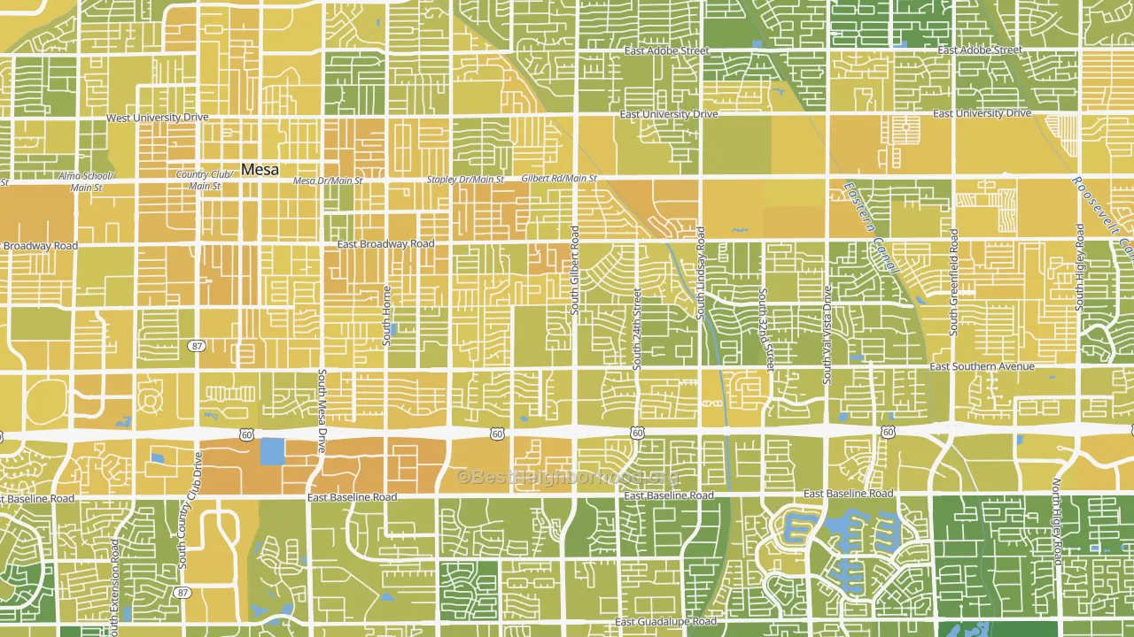 Map of the best neighborhoods in the 85204 area, with better matches in green and worse matches in red