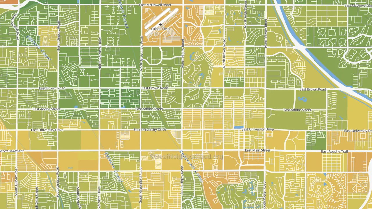 Map of the best neighborhoods in the 85205 area, with better matches in green and worse matches in red
