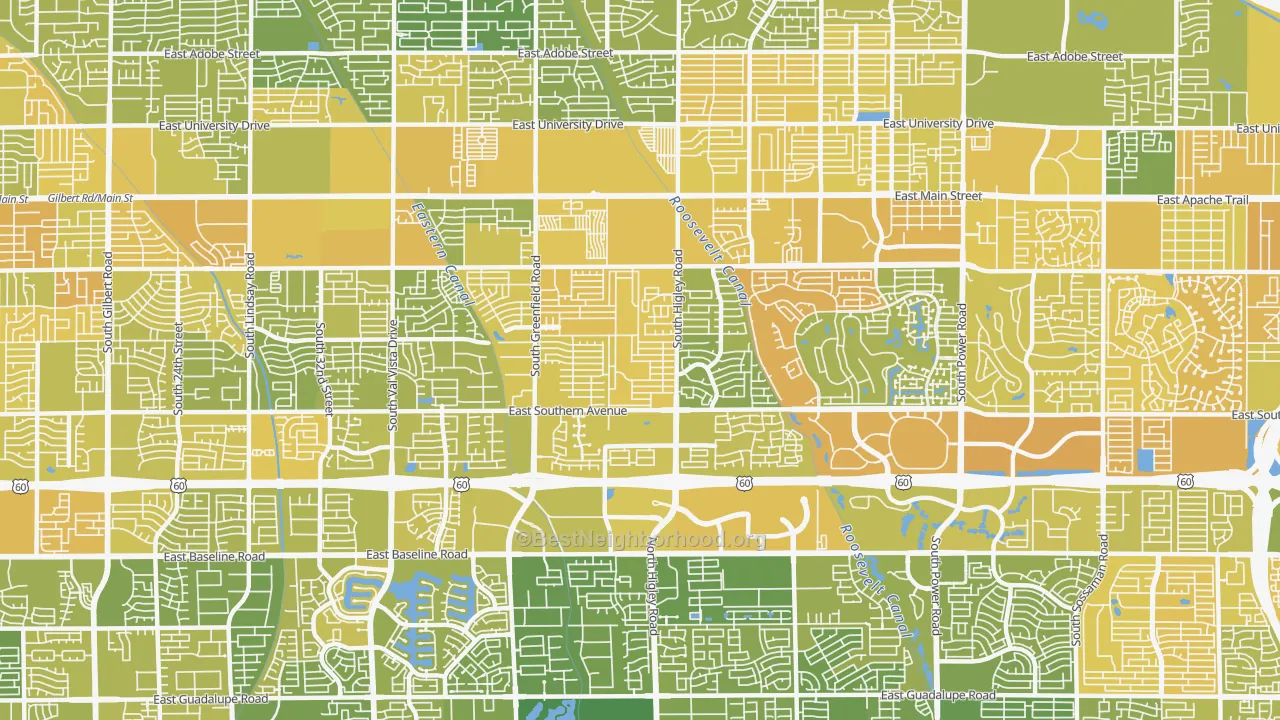 Map of the best neighborhoods in the 85206 area, with better matches in green and worse matches in red