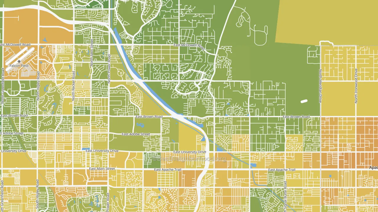 Map of the best neighborhoods in the 85207 area, with better matches in green and worse matches in red