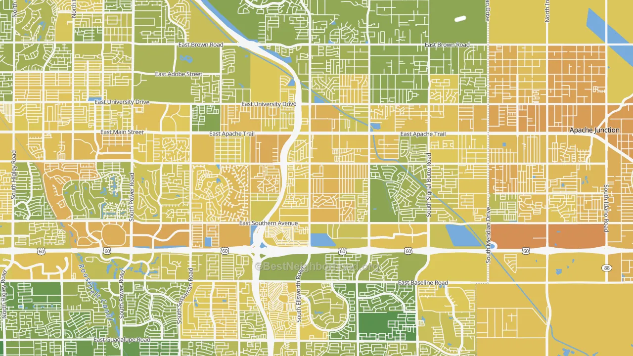 Map of the best neighborhoods in the 85208 area, with better matches in green and worse matches in red