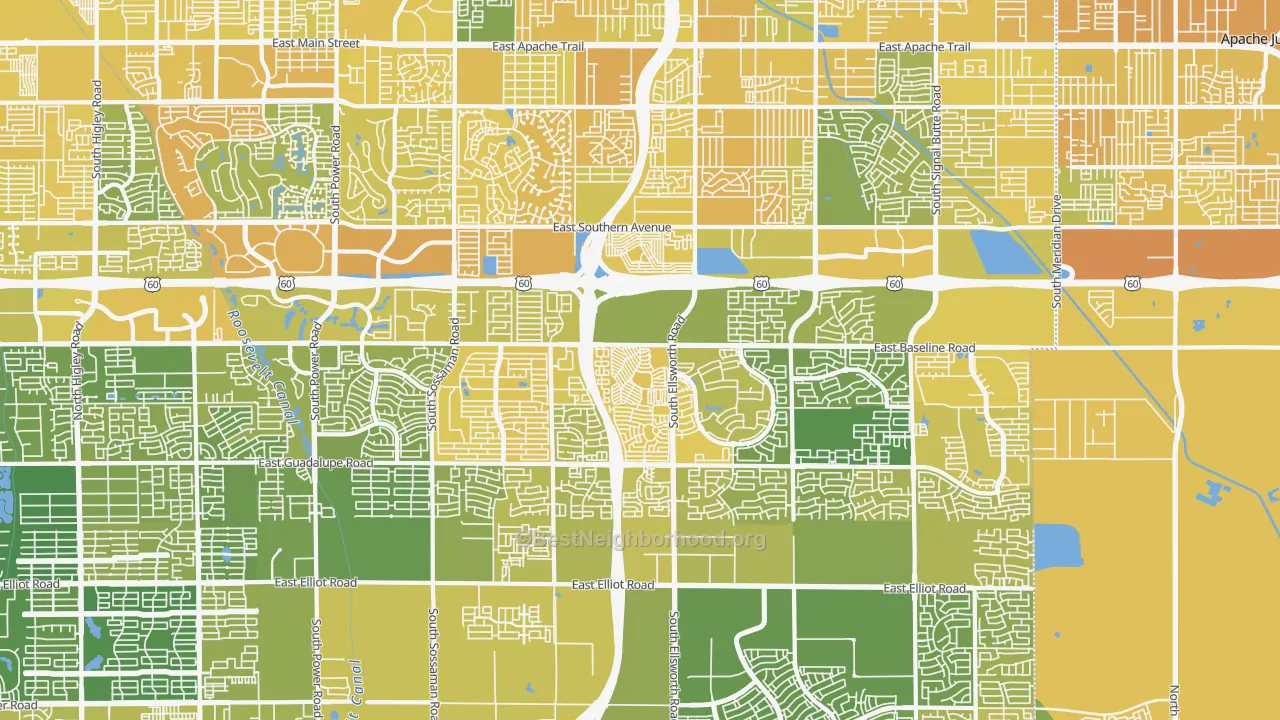 Map of the best neighborhoods in the 85209 area, with better matches in green and worse matches in red