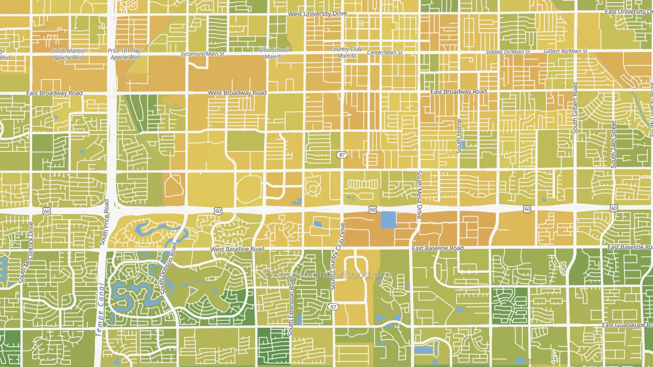 Map of the best neighborhoods in the 85210 area, with better matches in green and worse matches in red