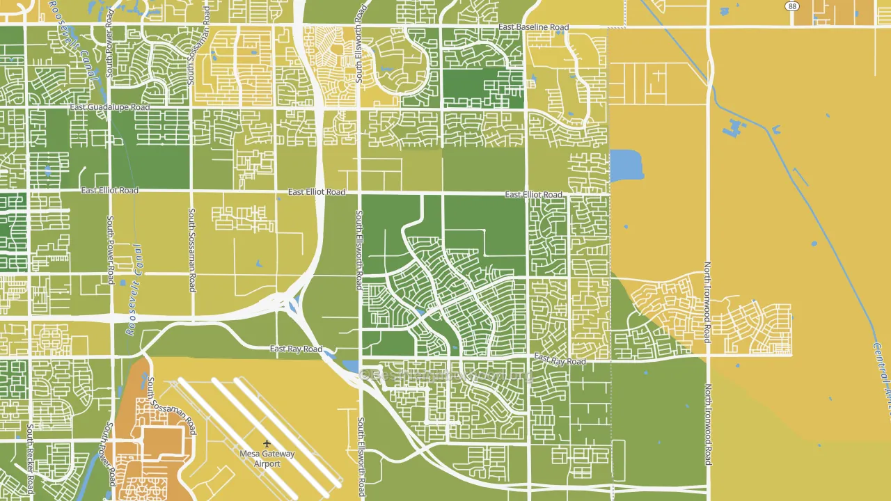 Map of the best neighborhoods in the 85212 area, with better matches in green and worse matches in red