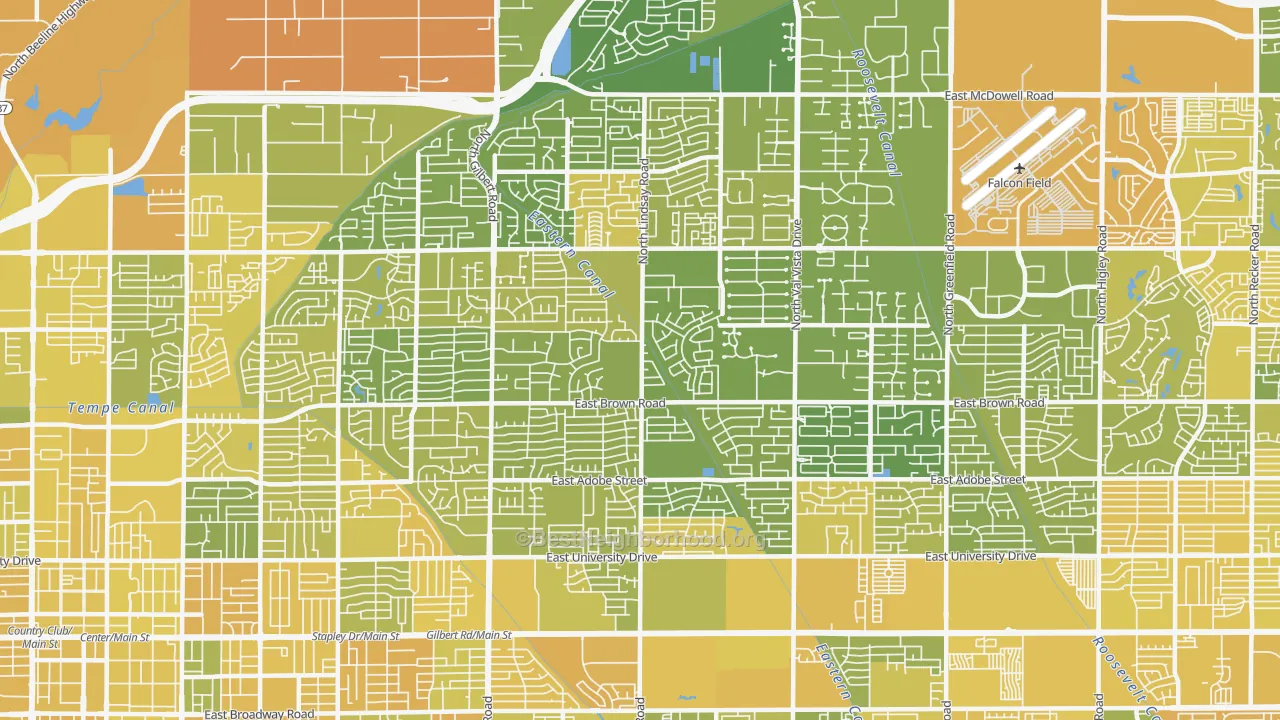 Map of the best neighborhoods in the 85213 area, with better matches in green and worse matches in red