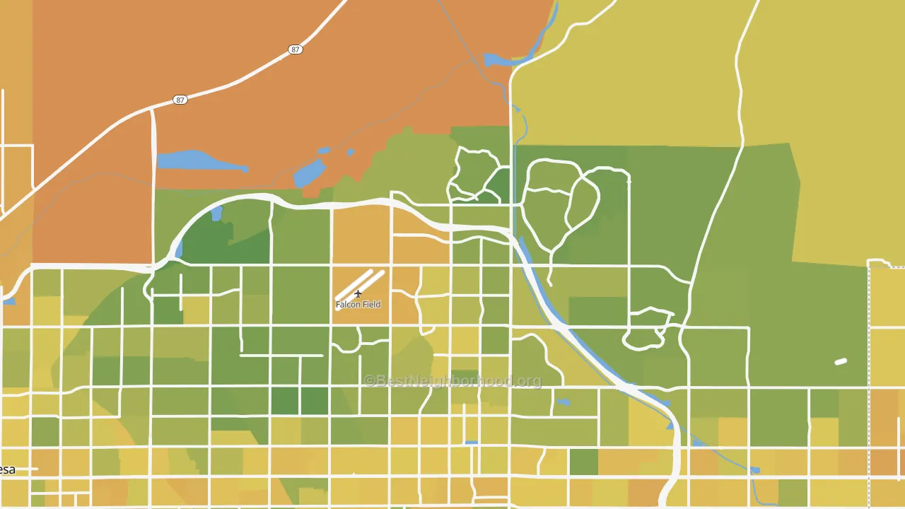 Map of the best neighborhoods in the 85215 area, with better matches in green and worse matches in red