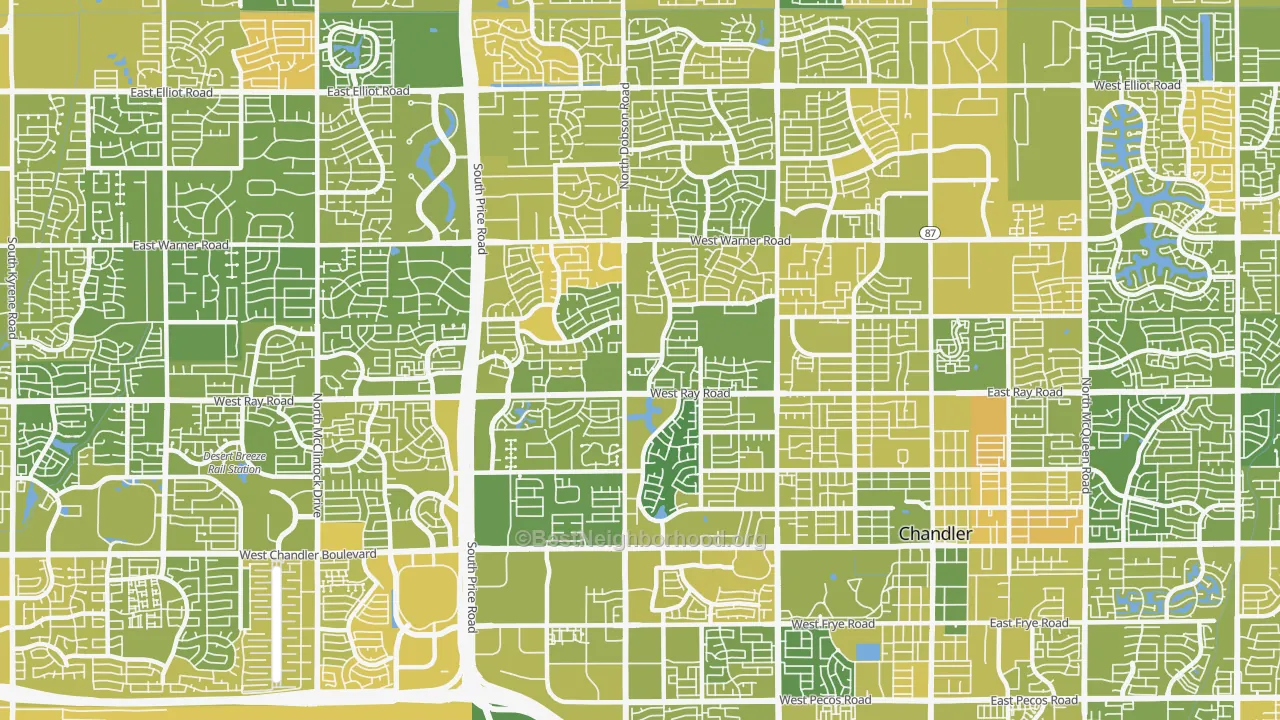 Map of the best neighborhoods in the 85224 area, with better matches in green and worse matches in red