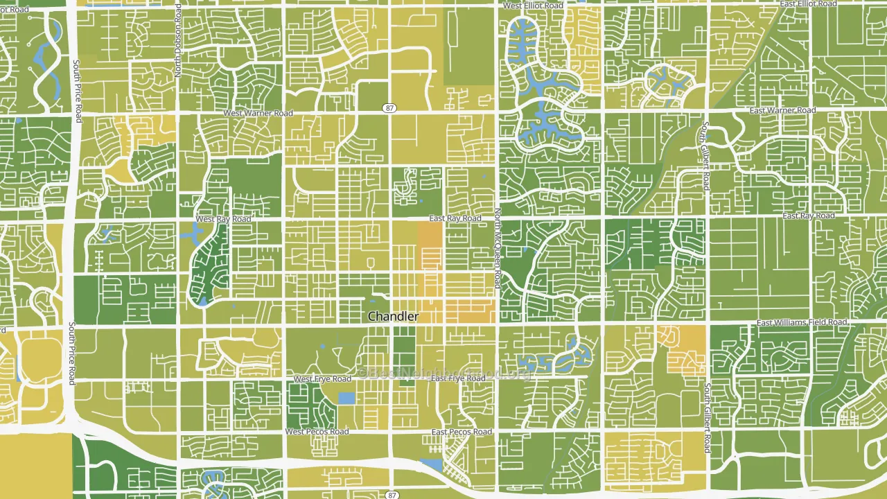 Map of the best neighborhoods in the 85225 area, with better matches in green and worse matches in red