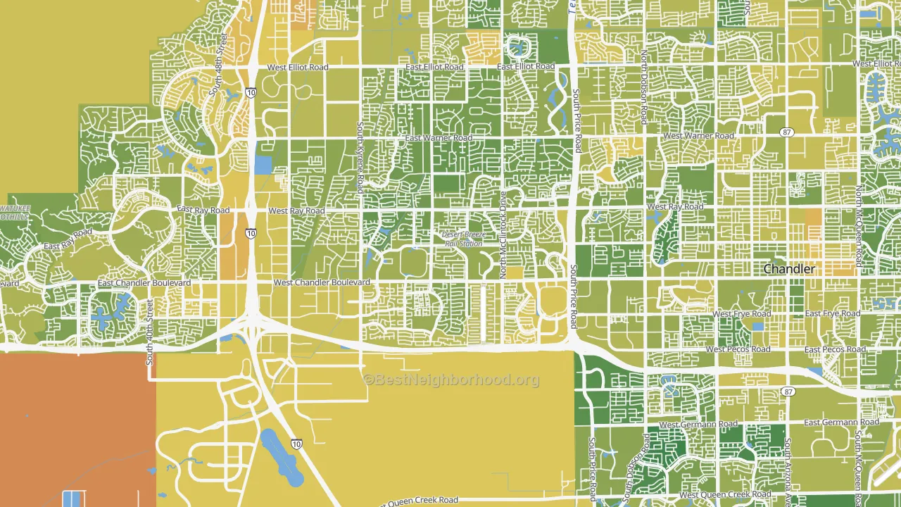 Map of the best neighborhoods in the 85226 area, with better matches in green and worse matches in red