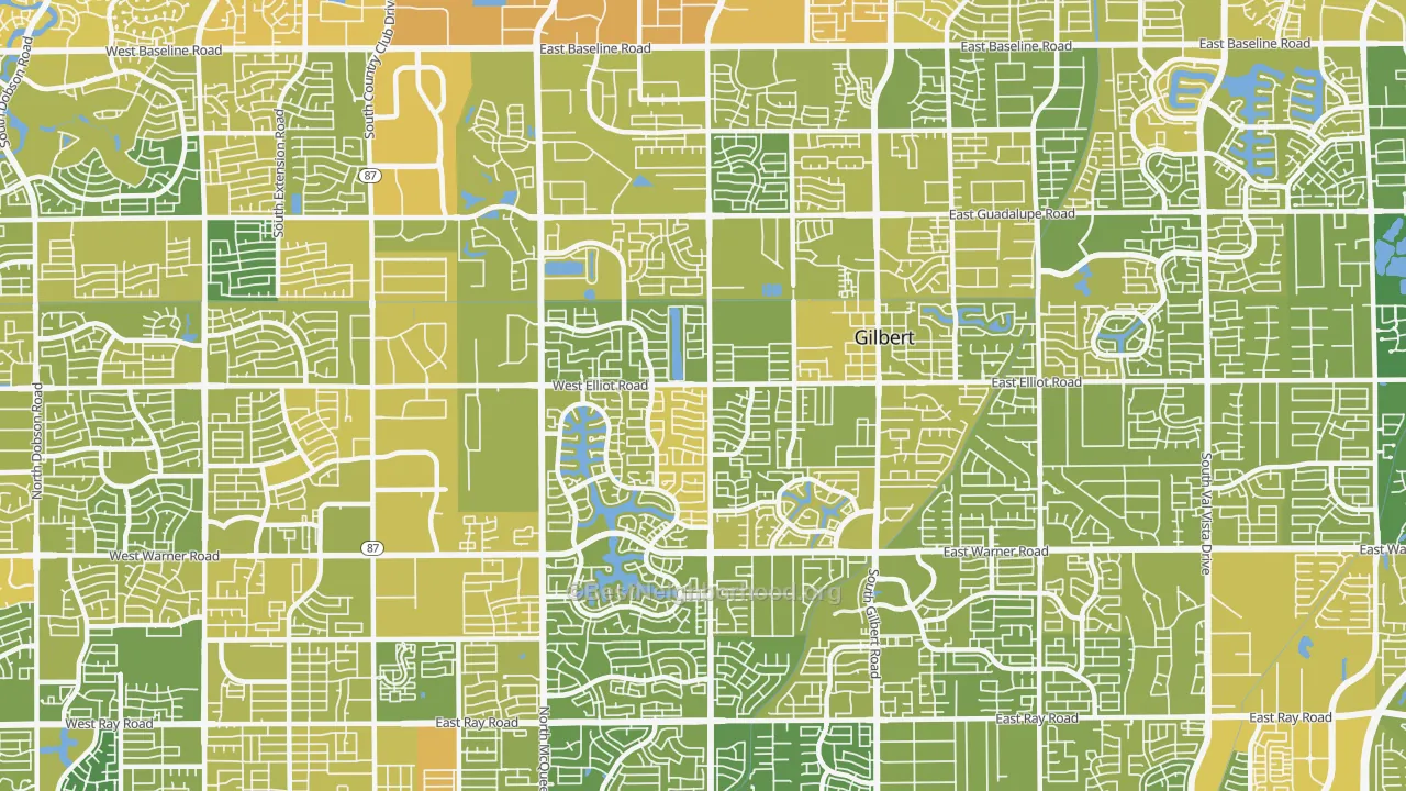 Map of the best neighborhoods in the 85233 area, with better matches in green and worse matches in red