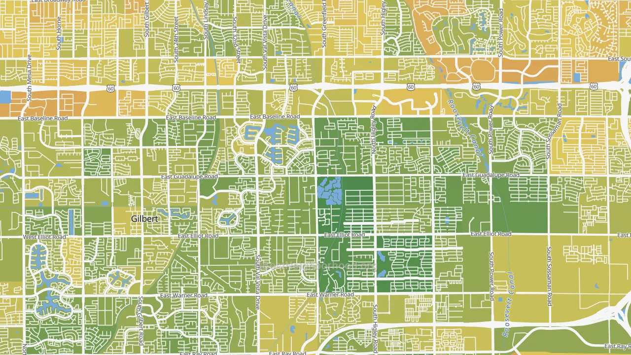 Map of the best neighborhoods in the 85234 area, with better matches in green and worse matches in red