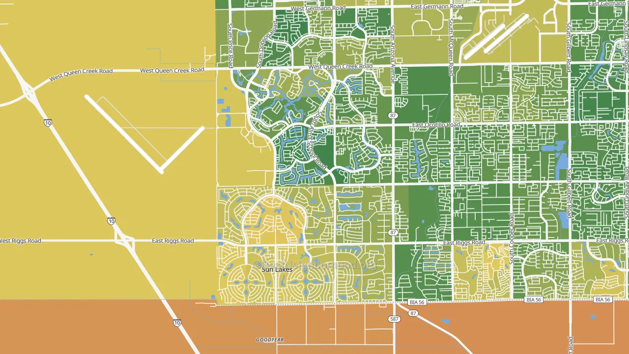 Map of the best neighborhoods in the 85248 area, with better matches in green and worse matches in red