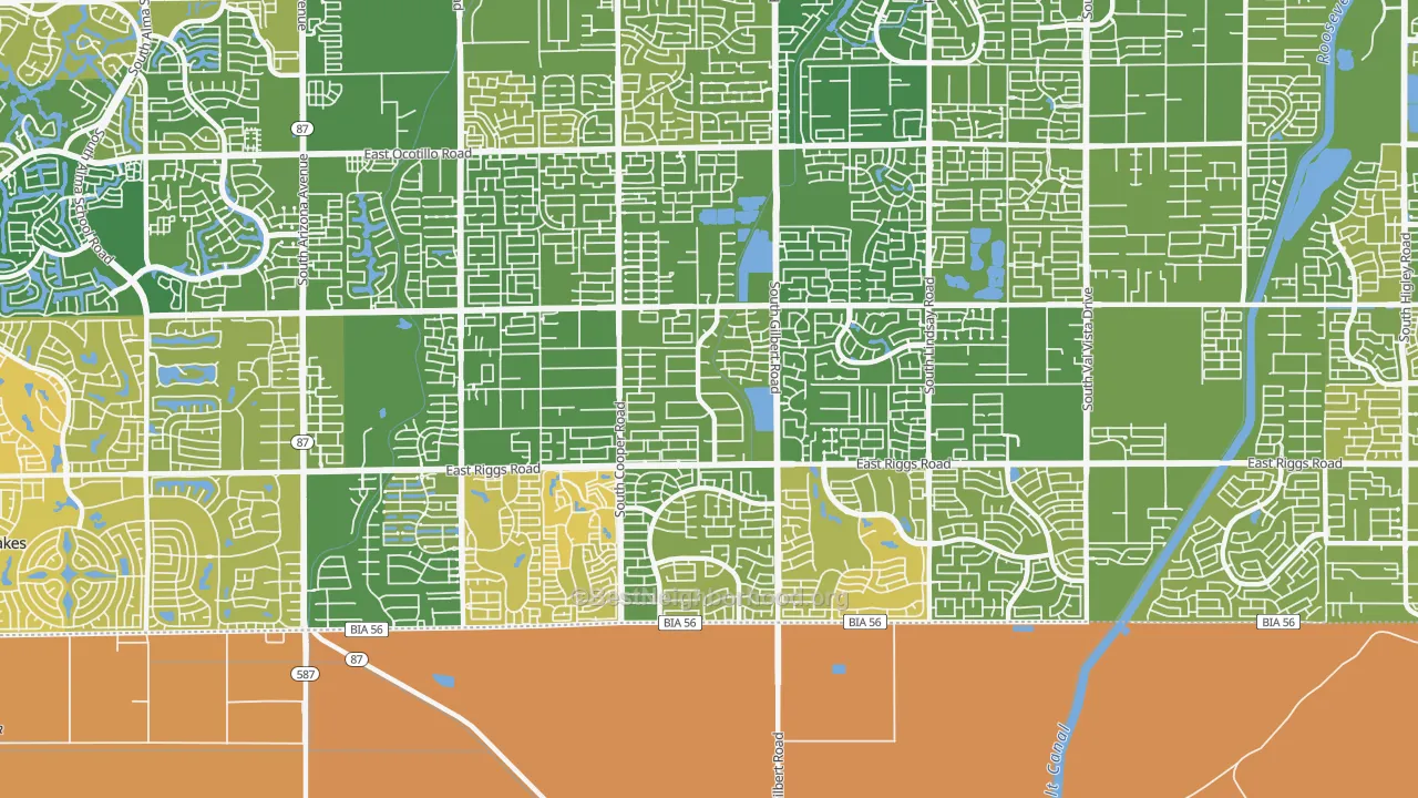 Map of the best neighborhoods in the 85249 area, with better matches in green and worse matches in red